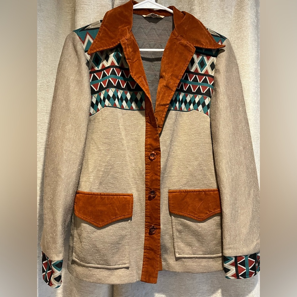 Vintage Lasso Southwestern Jacket Suede Trim Geometric Pattern Size Small